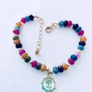 Pulsera Colgante Flor Enchapado en Oro con Turmalina 18 Cm. más Alargue