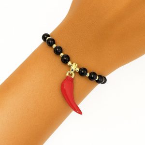 Pulsera en Piedras Obsidiana, con Colgante Ajéis, Enchapada en Oro 18 Cm.