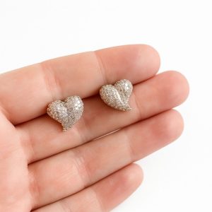 Aros Circón, Corazón Enchapados en Plata 1,7 Cm.