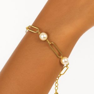 Pulsera con Perlas de Rio, Enchapada en Oro 18 Cm.