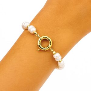 Pulsera Perlas de Rio, Broche Timón, Enchapada en Oro 18 Cm.