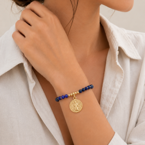 Pulsera  San Benito con Ágatas  Color Azul, 18 Cm.